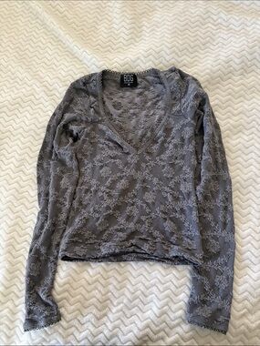 BDG Charcoal Gray Floral Lace V-Neck Long Sleeve Top